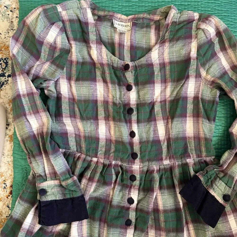 Vintage 90s Dress 16 Purple Green Plaid Flannel Contrast Collar Maxi S. Roberts - Picture 12 of 15
